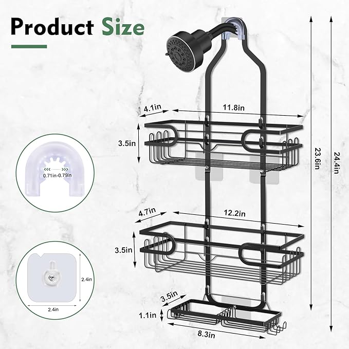 Shower Caddy Hanging, Over Head Shower Caddy Shower Storage Rack Basket with Hooks for Razor and Sponge Rustproof, No Drilling, Accessories for Bathroom and Kitchen, Black2