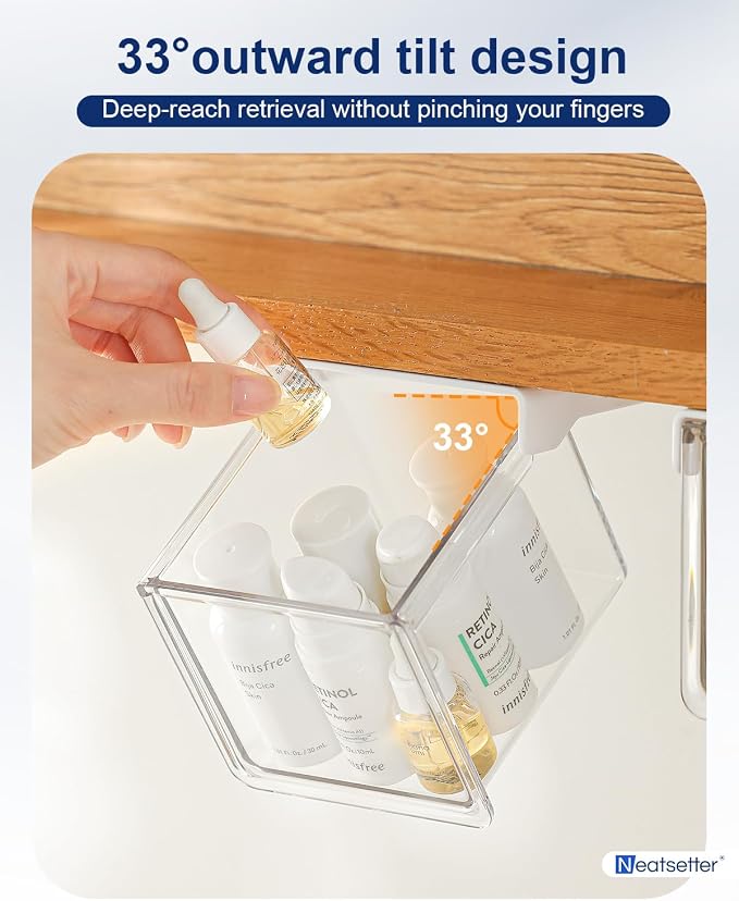 Hanging Cabinet Organizer – 33° Tilted Under Desk Drawer & Bathroom Storage – Self-Adhesive Clear Pull-Out Bins for Kitchen, Office & Vanity (Small)