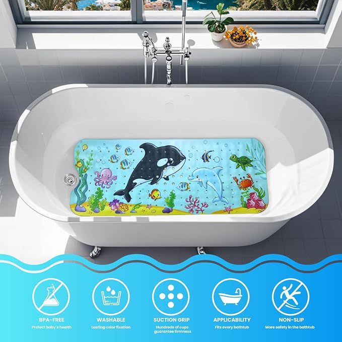Baby Bath Tub Mat, 40 x 16 Inch Extra Large Non Slip Kids Cartoon Bathtub Shower Mats with Suction Cups & Drain Holes, Machine Washable for Bathroom, Undersea Whale & Dolphin