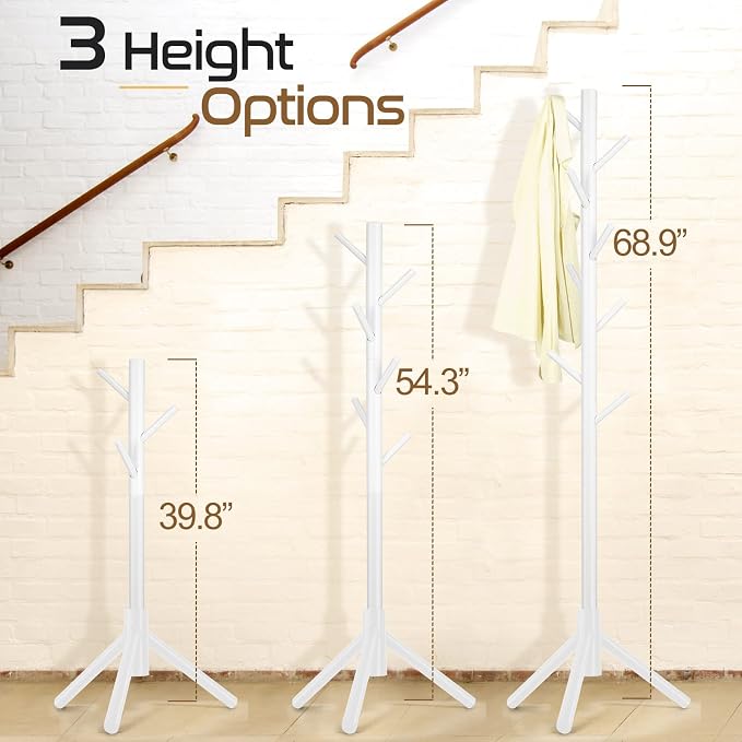 2 PC Wooden Coat Rack Freestanding with 8 Hooks & 3 Adjustable Sizes for Clothes, Space-Saving Design for Bedroom Office Entrance Holds Hats Coats Scarves Bags