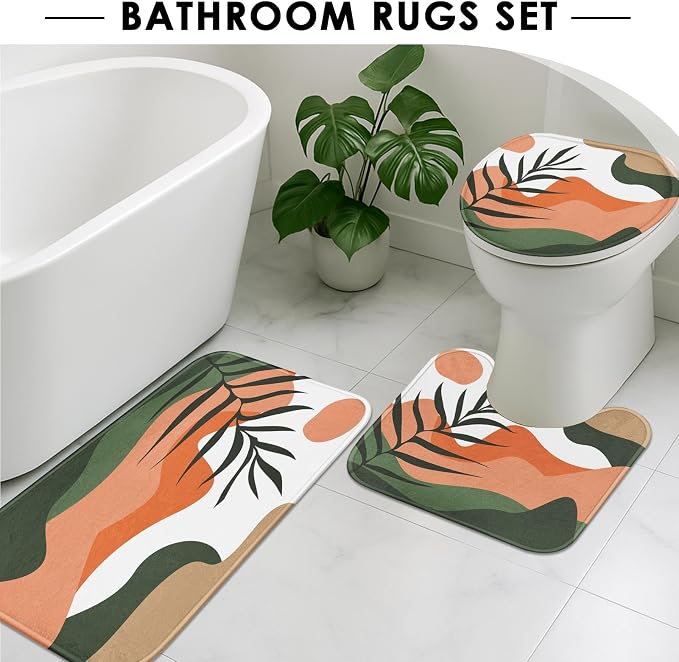 Boho Mid Century Shower Curtain Set with Toilet Lid Cover and Non-Slip Rugs, Abstract Sun Mountain Plants 4 Pcs Modern Shower Curtain for Bathroom Set with 12 Hooks