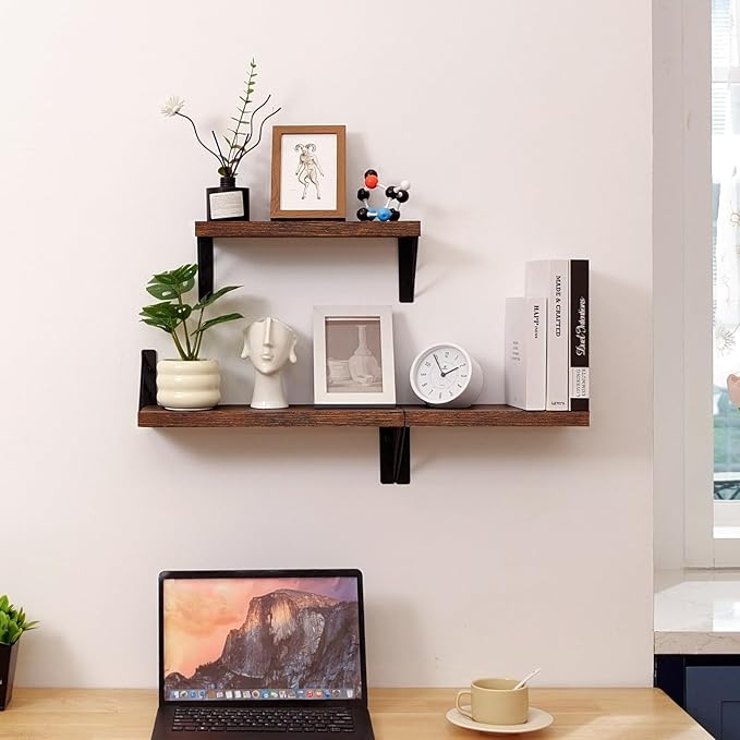 BAYKA Wall Shelves for Bedroom Decor, Floating Shelves for Wall, Display Mounted Rustic Wood Shelf for Books,Plants,Corner Shelves for Bathroom,Kitchen,Living Room(Rustic Brown,Set of 3)