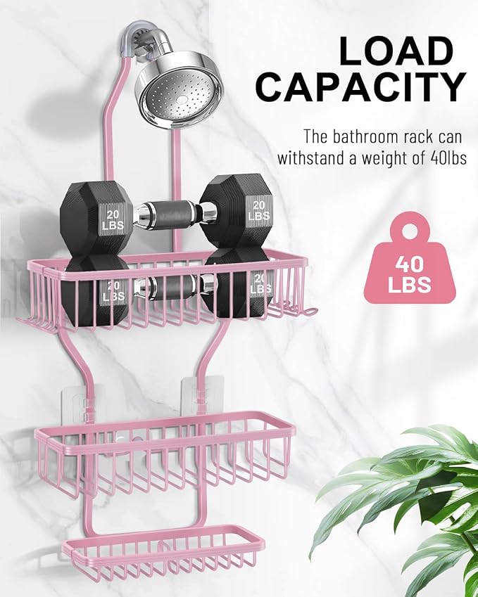 Pink Shower Caddy for Bathroom - Never Rust Hanging Shower Organizer with Soap Basket and Hooks - Large Capacity 3 Tier Aluminum Over The Showerhead Caddy