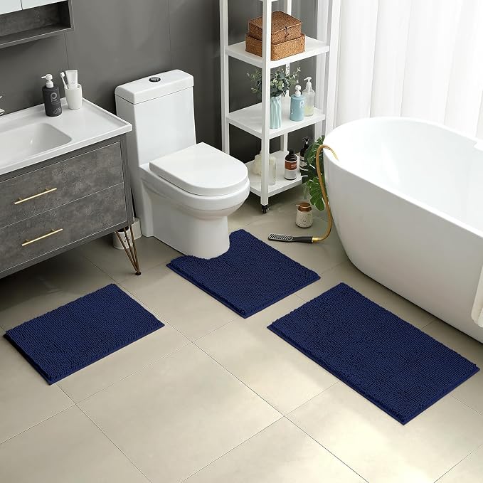 HOMEIDEAS 3 Pieces Bathroom Rugs, Ultra Soft Non Slip Absorbent Chenille Toilet Bath Mat Set (Navy Blue)