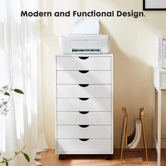 OLIXIS 7 Drawer Mobile File Cabinet Under Desk Storage Organization with Wheels Vertical Filing Chest Rolling Wood Small Desk Printer Stand for Home Office, 15.75"D x 18.74"W x 34.25"H, Classic White