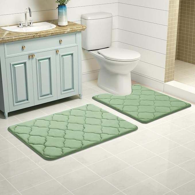 OLANLY Memory Foam Toilet Rugs U-Shaped 24x20, Ultra Soft and Absorbent Bathroom Rugs, Non-Slip, Comfortable, Machine Washable Contour Bath Mat for Toilet Base, Home Decor Accessories, Sage Green