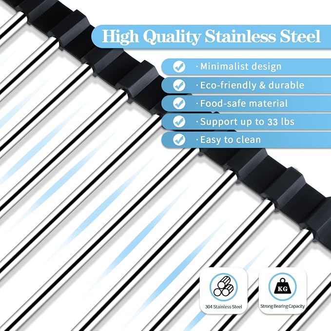 Seropy Roll Up Dish Drying Rack Over the Sink Drying Rack for Kitchen Counter, Rolling Dish Rack Over Sink Mat, Foldable Dish Drainer Stainless Steel Rack Kitchen Organization Gadgets 20.5"x11.8"