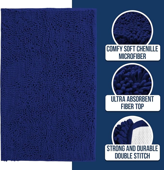 Muddy Mat® | Chenille Bathroom Rugs Quick Dry Microfiber Mats Non Slip Washable, Extra Thick, Soft and Highly Absorbent Bath Mats for Bathroom, Kitchen, and Shower Floor - Navy Blue 24"x36"