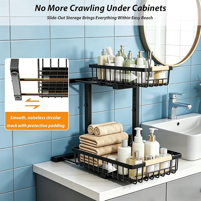 2 Pack Under Sink Organizer, 2-Tier Pull Out Kitchen Cabinet Organizer, Height Adjustable Metal Slide Out Bathroom Organizers and Storage Makeup Drawer Organizer for Office Bedroom (B-Black, 2Pack)