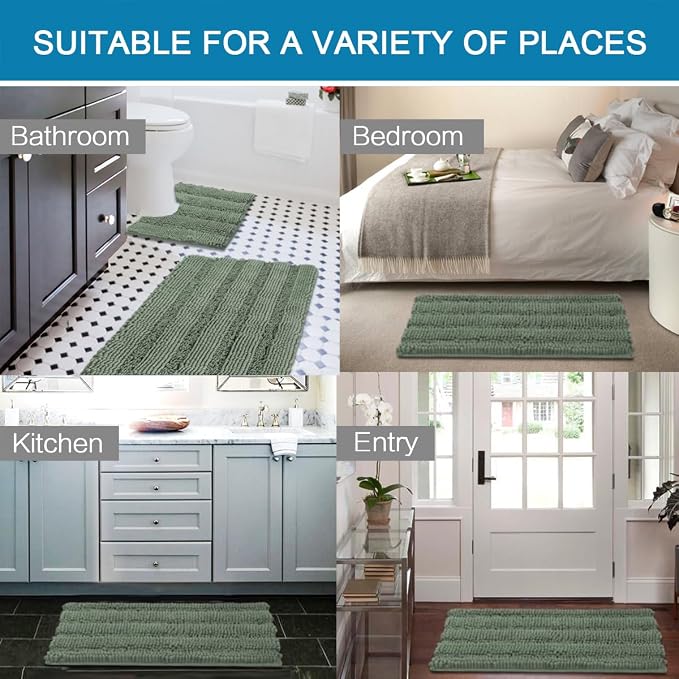 H.VERSAILTEX Bathroom Rugs Bath Rug Set 2 Piece Bathroom Contour Rug Toilet Mat Non Slip Contour Bath Rug Ultra Thick Water Absorbent Striped Bath Mats Washable(20" x 32" Plus 20" x 20" U, Green Bay)