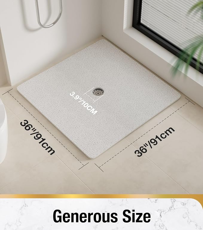 HITSLAM Square Shower Mat, 36 x 36 Inch Non Slip Bath Mat for Tub, Soft PVC Loofah Bathtub Mats with Drain Holes, Quick Drying Bathroom Stall Floor Mat, Bathroom Accessories Without Suction Cup, White