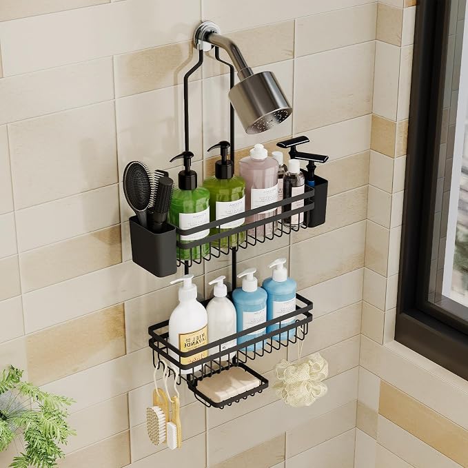 Shower Caddy Hanging for Bathroom Organizers and Storage,3 Tier Adjustable Anti-Swing Shower Organizer Hanging with Heavy-Duty Suction Cups, Damage-Free Rustproof (Black)