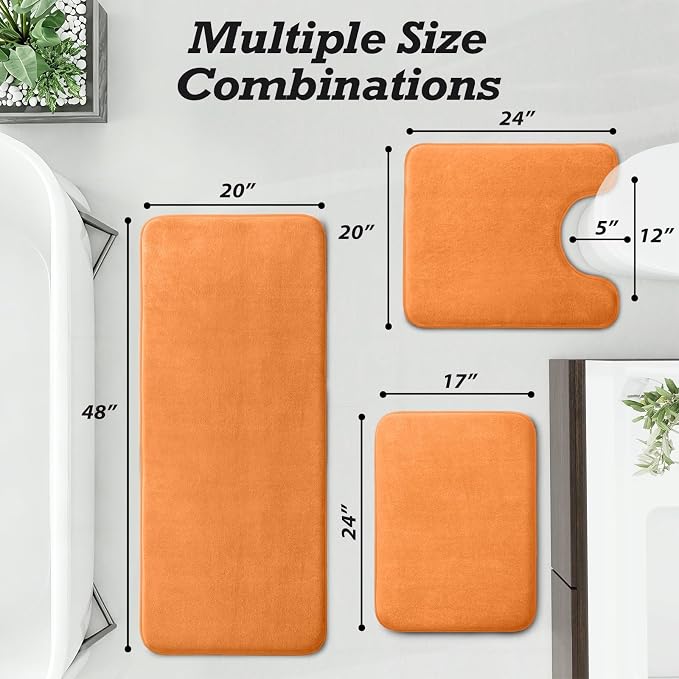 HUXMEYSON Bathroom Rugs Sets 3 Piece, Non-Slip & Quick Dry Bath Mat Set, Ultra Soft Velvet Bath Rugs for Bathroom, Toilet and Shower Floor, Orange