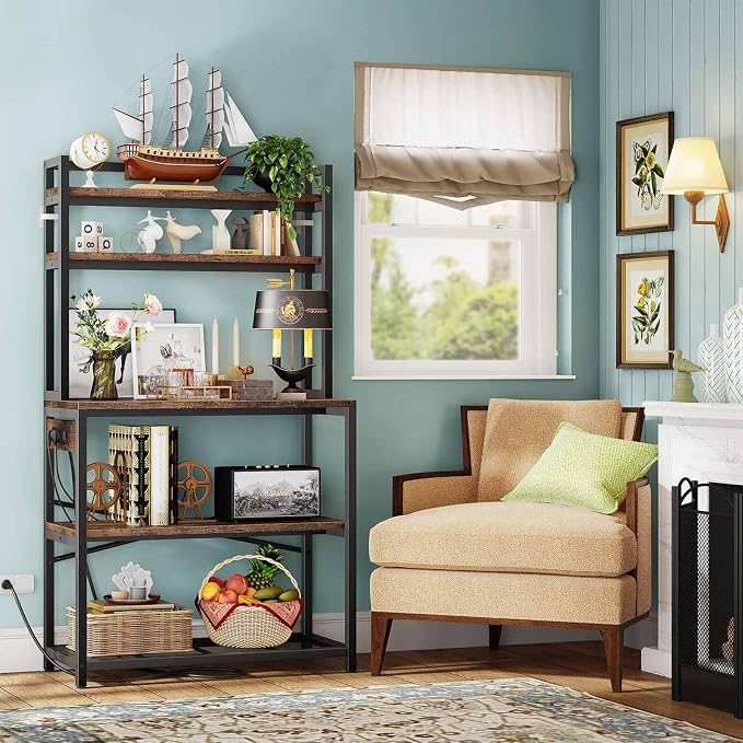 Denkee Large Bakers Rack with Power Outlets, 38 Inch Microwave Stand with Storage, 5-Tier Coffee Bar Stand, Industrial Kitchen Shelf Rack, Rustic Brown