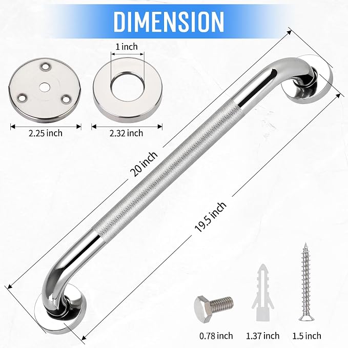 2 PCS Shower Grab Bars for Seniors, 20 Inch Anti Slip Shower Handle, Stainless Steel Bathroom Balance Bar, Safety Hand Rail Support, Assist Bath Handrails for Handicap, Elderly, Pregnant