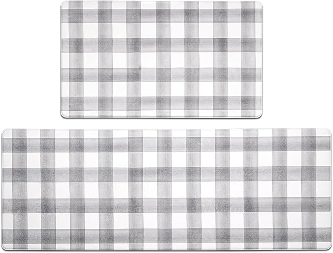 FRESHMINT Modern Farmhouse Plaid 2 Piece Set Kitchen Mats for Floor Anti Fatigue Waterproof & Non-Skid Kitchen Rugs Cushioned Kitchen Mat for Standing Washable Comfort Desk Kitchen Runners