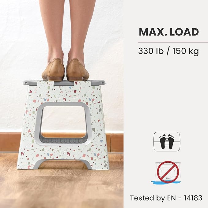 Vigar Compact Folding Step Stool - 10-1/2 Inch Foldable Step Stool for Adults, Lightweight Portable Stool with Handle, Non Slip Step Stool, Space Saving Stool up to 330 lb - Terrazzo Body
