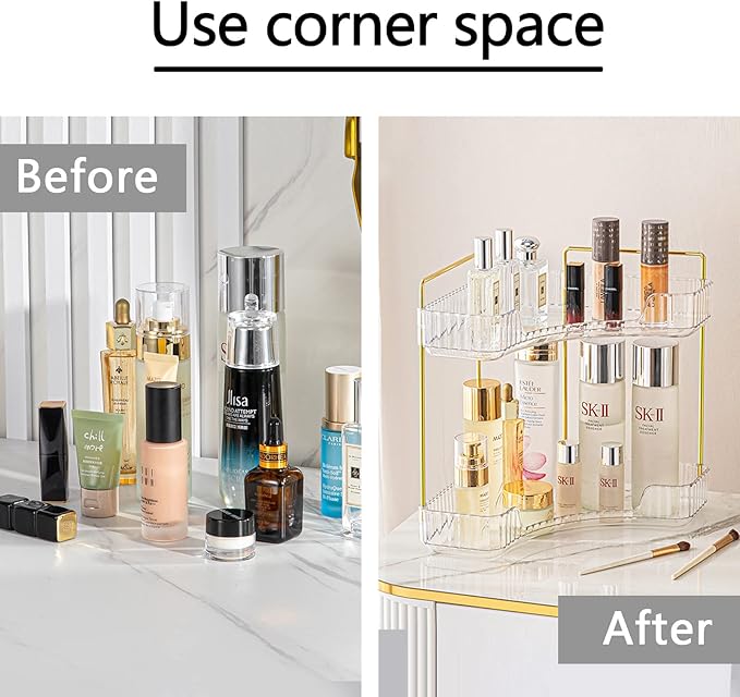 shuang qing 2-Tier Corner Bathroom Counter Organizer – Classic Storage Shelf for Makeup, Perfume & Toiletries, Space-Saving Countertop Tray Fits Bathroom, Dresser, Kitchen (Classic White)
