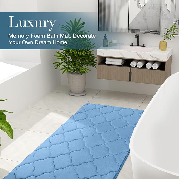 OLANLY Memory Foam Bath Mat Rug 47x32, Ultra Soft and Absorbent Bathroom Rugs, Non-Slip, Comfortable, Machine Washable Bath Carpet for Bathroom Floor, Tub, Shower and Home Decor Accessories, Blue