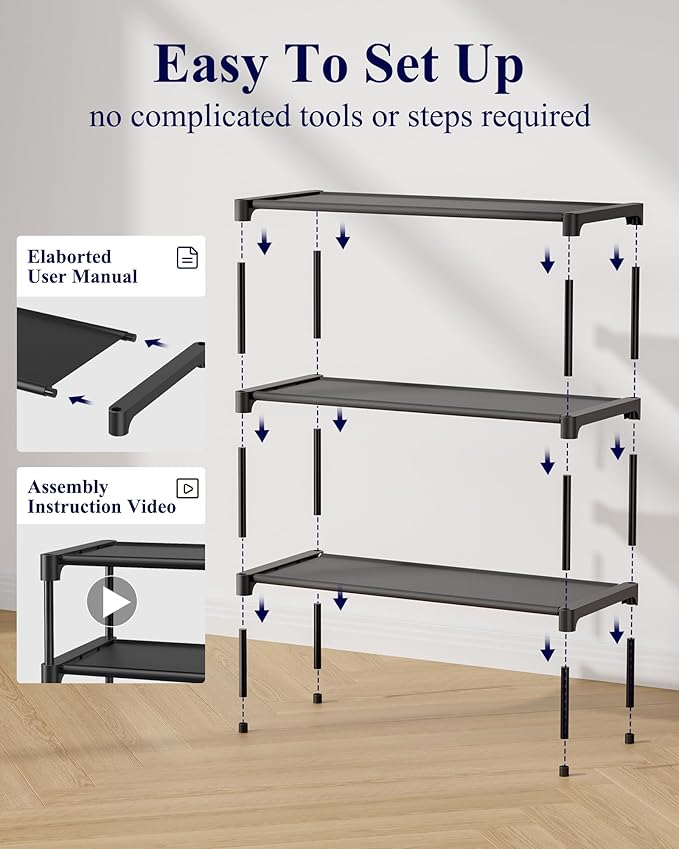 Kitsure Shoe Rack - Non-Woven Shoe Rack Shelf, Shoe Organizer for Closet, Entryway, Garage & Corridor, Stackable Shoe Shelves, 27.5" Wide - 3 Tier, Black