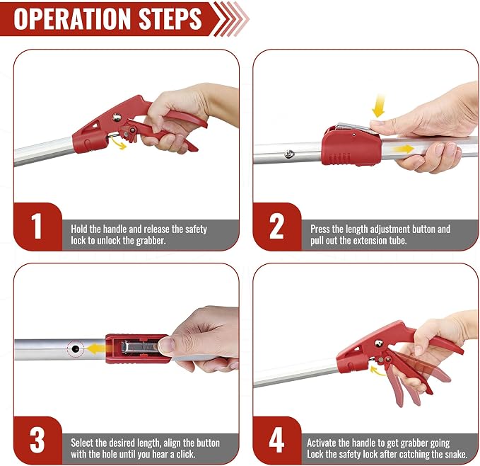 IC ICLOVER 55-78" Extended Snake Tongs, Extra Long Telescopic Snake Grabber Tool, Aluminum Heavy Duty Rattle Snake Catcher Handling Tools, Professional Grabber with Lock, Non-Slip Handle & Wide Jaw