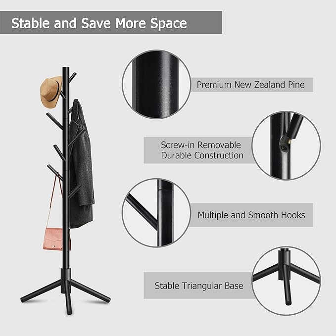 Coat Rack, Coat Racks Freestanding with 8 Hooks 3 Adjustable Heights for Clothes, Hats, Handbags, Coat Tree Easy Assembly for Entryway, Bedroom, Hallway, Office(Black 2PCS)
