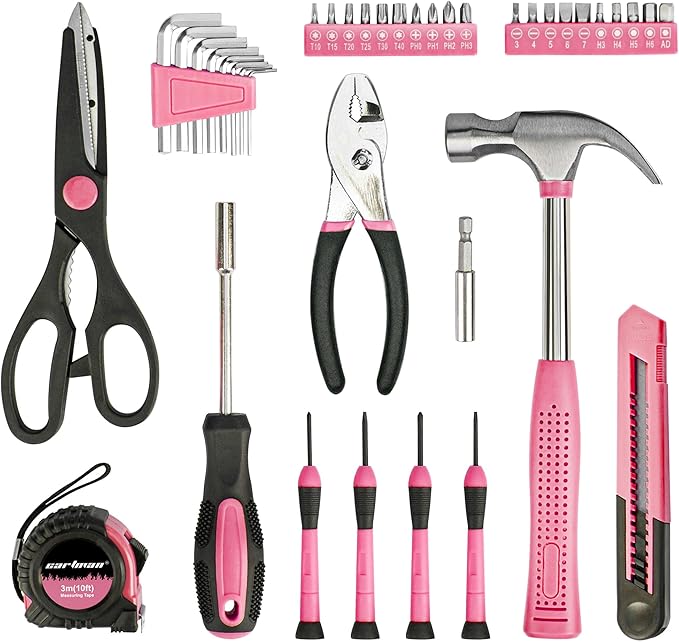 Cartman 39Piece Tool Set General Household Hand Tool Kit with Plastic Toolbox Storage Case Pink