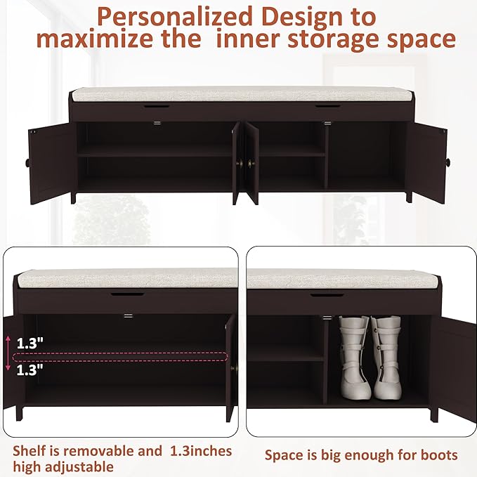 HOMEFORT 54.4" Shoe Bench with Lift Top Storage, Entryway Bench with Cushioned Seat, Wooden End of Bed Bench, Shoe Cabinet Bench with Hidden Storage Space, for Bedroom, Hallway,Espresso