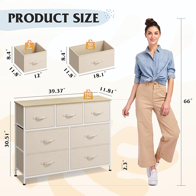 WLIVE 7 Drawer Dresser TV Stand, Entertainment Center, Media Console Table with Metal Frame and Wood Top for TV up to 45 inch, Chest of Drawers for Bedroom, Living Room, Cream White