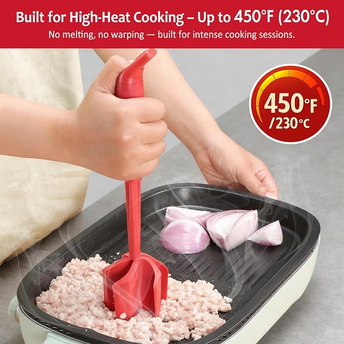 Ourokhome Meat Chopper and Potato Masher, Heat Resistant Nylon Ground Beef Smasher for Hamburger, 5 Curved Blades Nonstick Safe Mixer & Stirrer, Practical Kitchen Gadgets, Red
