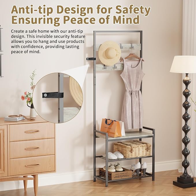 Hall Tree with Shoe Storage Bench - Entryway Bench with Coat Rack and Hooks - 3-in-1 Small Hall Tree for Entry Way, Entrance, Hallway, Doorway, Front Door, Mudroom, Small Space - Greige