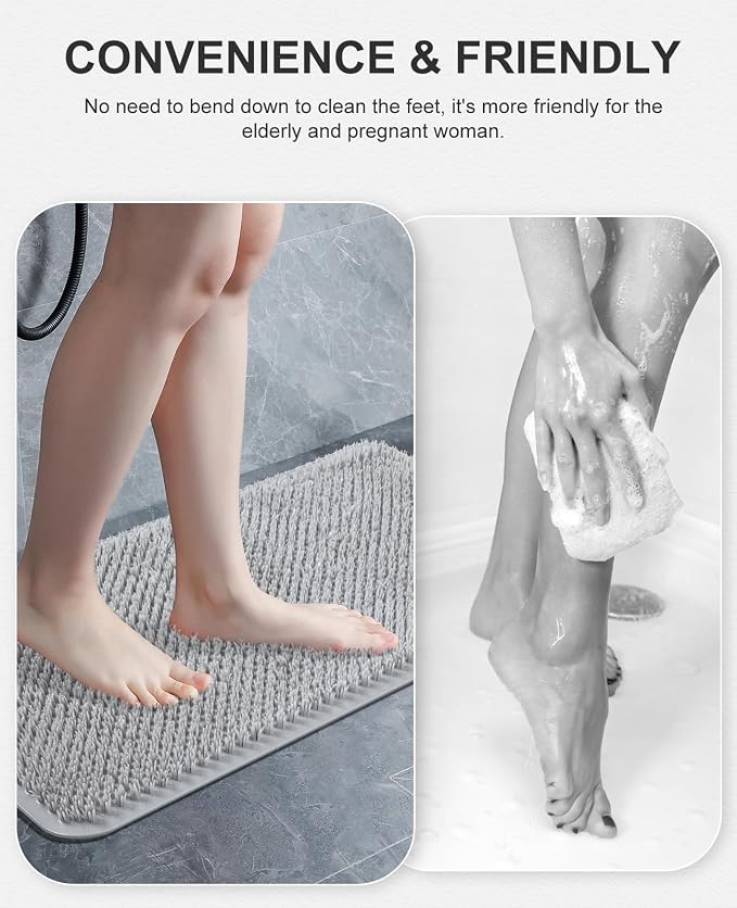 OTHWAY Non Slip Grassy Bathtub Mat : 27.5X15.7 inches Sturdy But Soft Bath Mat_Quick Drain Shower Floor Mat with Soft Bristles for Scrubbing Feet (Light Grey)