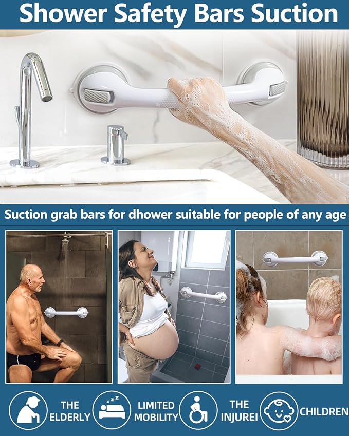Shower Grab Bars, 2 Pack 16.2 inch Suction Cup Grab Bar for Bathtubs Showers for Wall, Shower Handrails for Seniors, Heavy Suction Cup Grabs Bar,Duty Showers Handle Removable, Bathroom Safety Grip