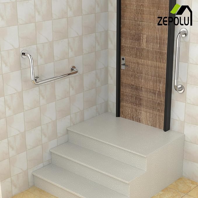 Polished Chrome L-Shaped Grab Bar 12x24 Inch + Knurled Shower Grab Rail 20 Inch, Zepolu Stainless Steel Toilet Safety Bar 90 Degree, Angled Balance Support Assist Bar, Bathroom Mobility Aid Handrail