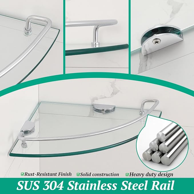 2 Ties Glass Corner Shelf with SUS 304 Stainless Steel Rail Chrome Finished, Esquinero para baños, Rustproof Tempered Glass Shelf, Shower Caddy Organizer 9.8" x 9.8"