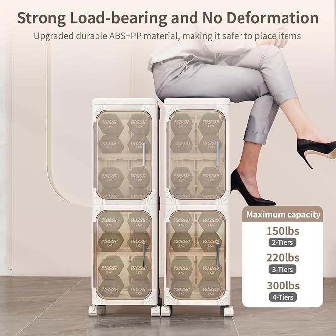 3-Tiers Slim Bathroom Storage Cabinet, Foldable Storage Cabinets,Narrow Bathroom Storage,Movable Bathroom Storage Organizer for Small Spaces,Bathroom,Kitchen,Laundry, Beige