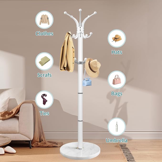 OIRUMIE Coat Rack with Natural Marble Base, Metal Freestanding Coat Racks with 14 Hooks, 360°Rotary Coat Rack Stand for Hanging Scarf, Bag, Jacket, White Coat Clothes Tree Hanger Holder Stand