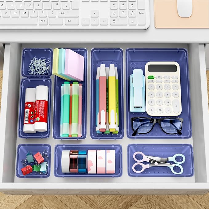 ElegantArray 12 PCS Drawer Organizer Set, 4 Sizes Tool Storage Trays, Clear Plastic Makeup Vanity Organizer and Storage Bins for Stationeries, Multiple Gadgets for Office, Bedroom, Navy Blue