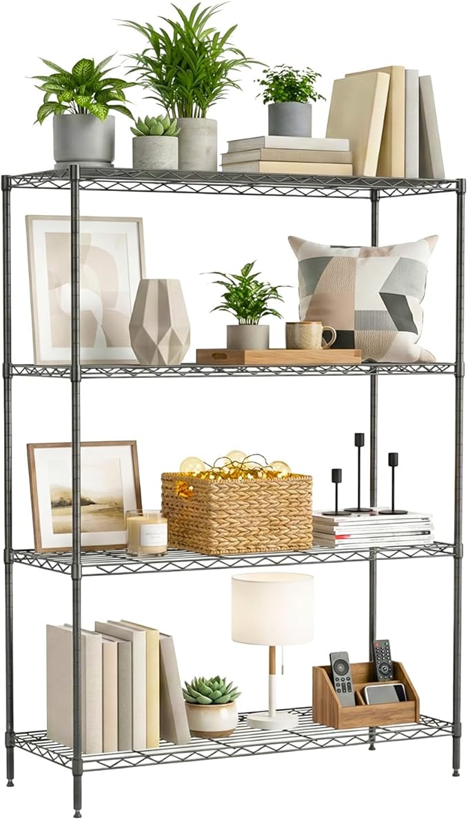 BestOffice 4-Tier Wire Shelving Unit, 1000 LBS Heavy Duty Metal Storage Shelves, Adjustable Wire Shelf for Garage, Kitchen, Pantry, Utility Shelving Rack with Leveling Feet, Black