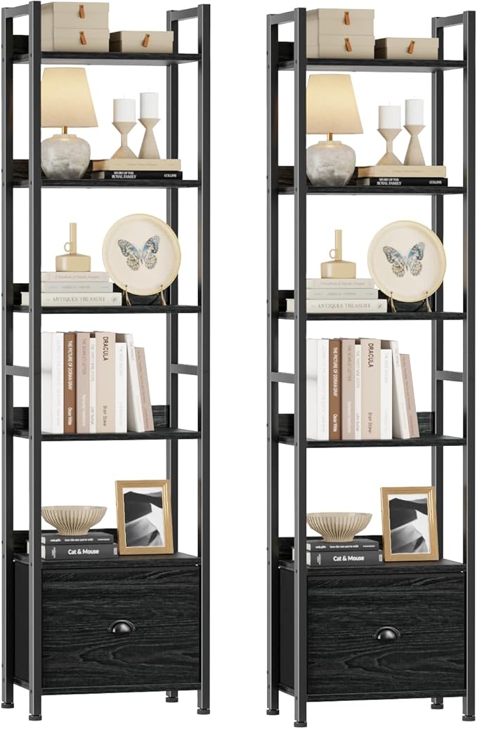 Furologee Book Shelf Set of 2, 6 Tier Tall Shelf with Drawer, Bookshelves and Bookcases Set of 2, Industrial Display Shelving Unit for Bedroom, Living Room, Home Office, Black Oak
