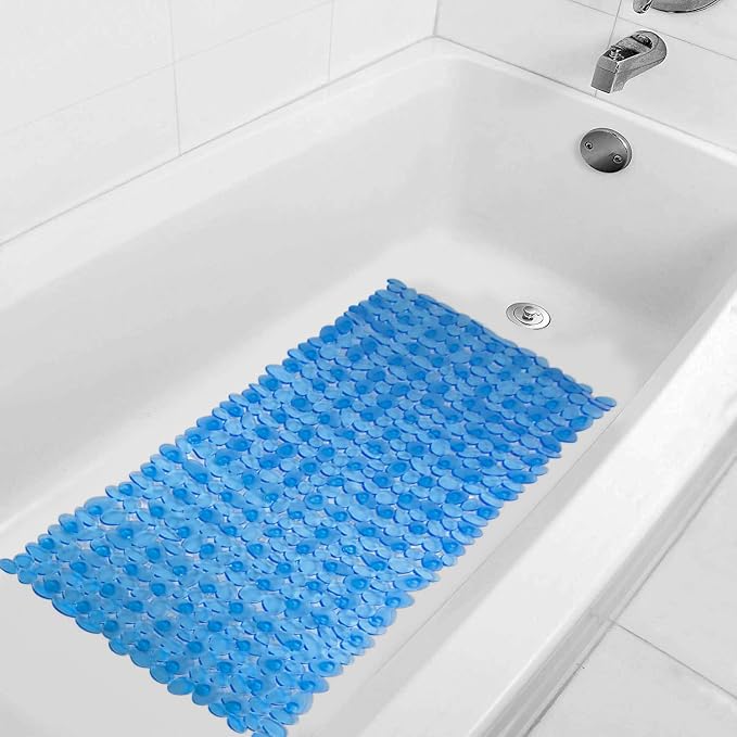 WELTRXE Non Slip Bathtub Mat, 35 x 16 Inches Bathroom Pebbles Shower Mat with Suction Cups, Drain Holes, Suction Bath Mats for Tub Machine Washable - Clear Blue
