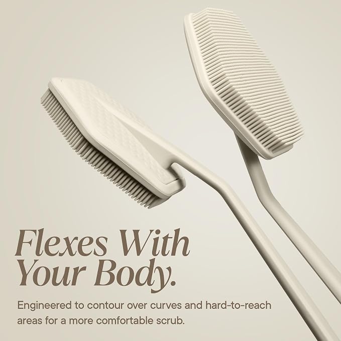 TOOLETRIES Silicone Back Scrubber for Shower, Exfoliating Body & Bath Brush, Long Ergonomic Handle, Non-Slip Grip for Hard-to-Reach Areas, Hygienic Silicone Bath Accessory for Men & Women - Sand