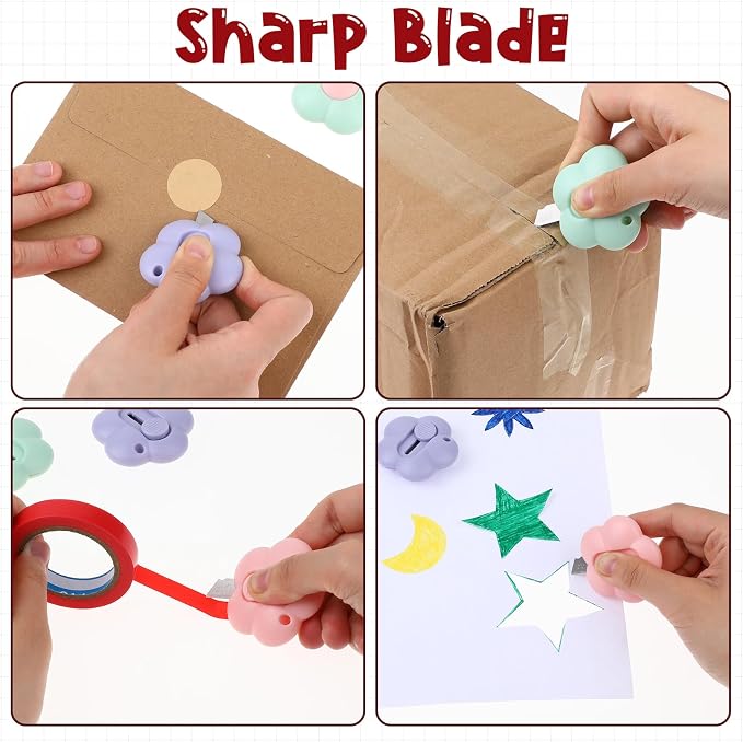 Cute Retractable Box Cutters Flower Shaped Mini Box Cutters Utility Knives Art Cutter Package Opener Tool for Office, Home, DIY Crafts (Purple&Green&Pink)