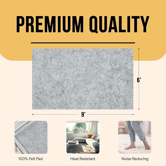 Premium Felt Rug Pad 6x9 Feet, Thick Rug Pads for Hardwood Floors, Laminate, Vinyl, Stone, Carpet & Tile, Under Rug Padding