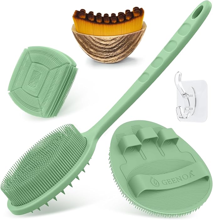 Silicone Back/Body/Face Scrubber & Lymphatic Contour Face Brush Set 4PCS, 13.4'' Soft Back Scrubber, 360° Anti-Slip Bath Glove, Unique Side-bristled Face Scrubber for All-Round Cleaning(Green)