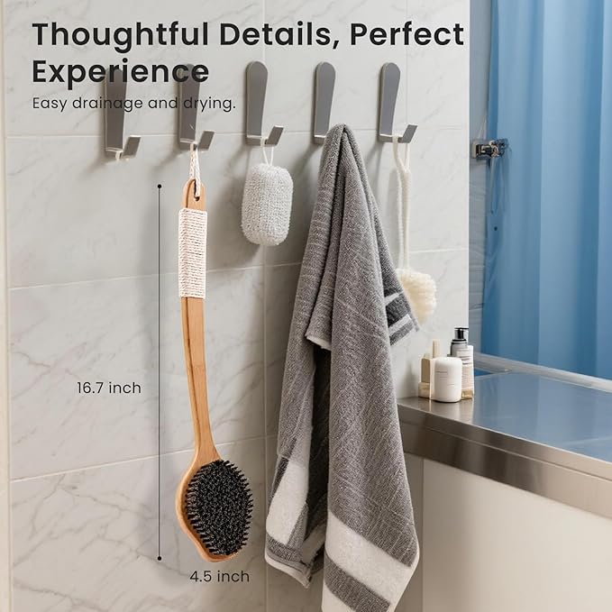 Back Scrubber for Shower，17in Bamboo with Curved Long Handle - Stiff Natural Boar Bristles for Men and Women, Deep Cleansing and Exfoliating, Anti-Slip Grip for Wet or Dry Brushing (Black)