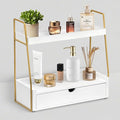 2-Tier Bathroom Organizer Countertop with Drawer, Wood Counter Organizer for Bathroom Decor, Sink Shelf for Vanity Storage, Makeup Tray for Perfume Skincare, Spice Rack Bedroom Kitchen Corner