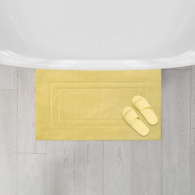 Feather & Stitch 2 Piece Towel Like Bath Mats (30x21 Inch) 100% Cotton Terry Bath Mats, Bathroom Shower Floor Mats [NOT A Bathroom Rug], Soft Absorbent Washable Mats - Yellow