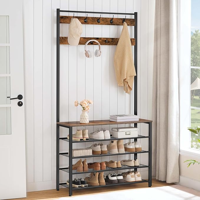 HOOBRO Hall Tree, Coat Rack with Shoe Rack, 39.4” Hall Tree with Bench, 5 Tier Shoe Storage Organizer with 9 Hooks for Entryway, Closet, Sturdy, Industrial, Rustic Brown and Black BF801MT01