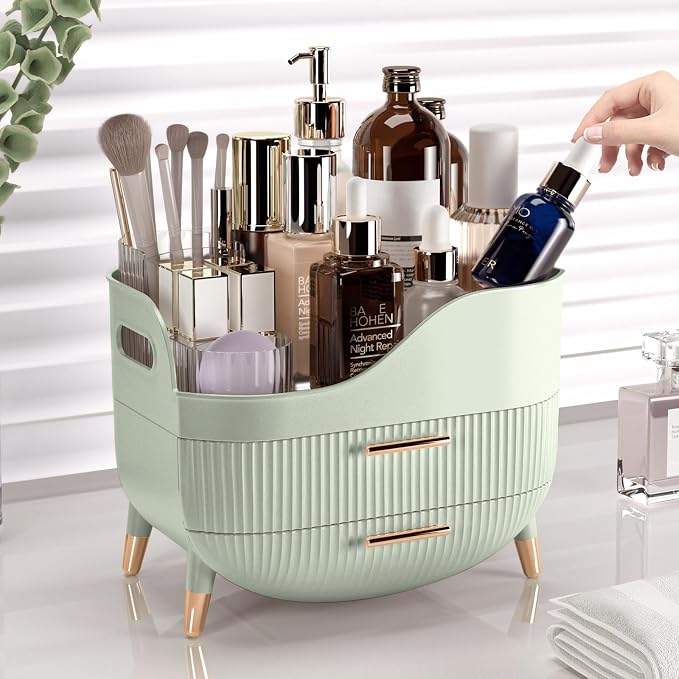Pajiriona Makeup Organizer with Drawers, Green Skincare Organizer for Vanity, Storage Box with Handle, Large Cosmetic Display Case for Dresser, Bathroom Countertop